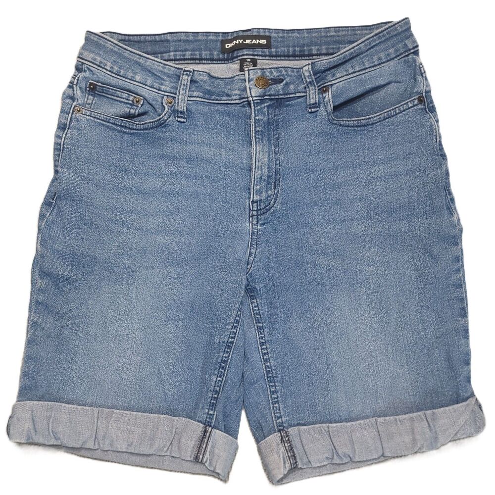 DKNY Jeans Bermuda Shorts Womens 10 Mid Rise Cuffed Hem Blue Denim